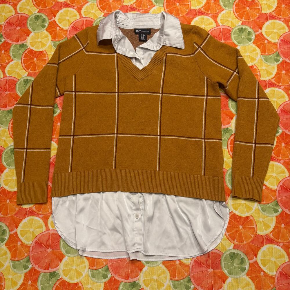 JNY Jones New York Mustard Windowpane Twofer Sweater M